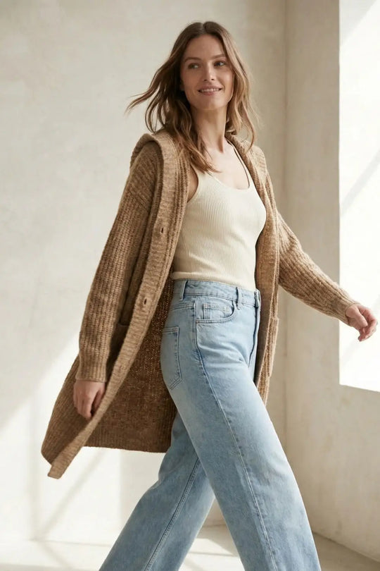 Q2 Long Ribbed Cardigan With Pockets and Hood in Camel