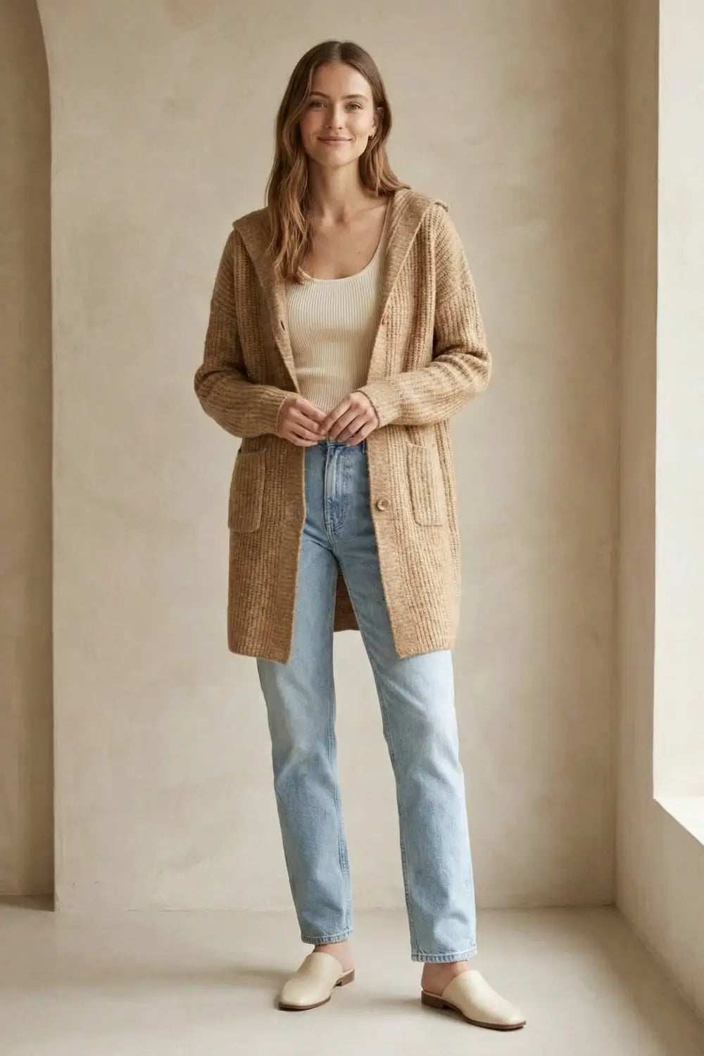 Long Ribbed Cardigan With Pockets and Hood in Camel - One Size / Beige - Sweaters