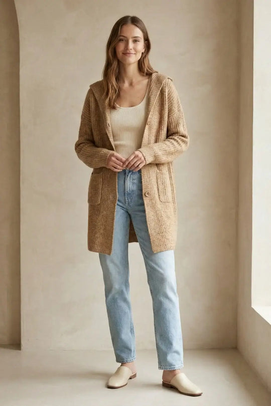 Long Ribbed Cardigan With Pockets and Hood in Camel - One Size / Beige - Sweaters