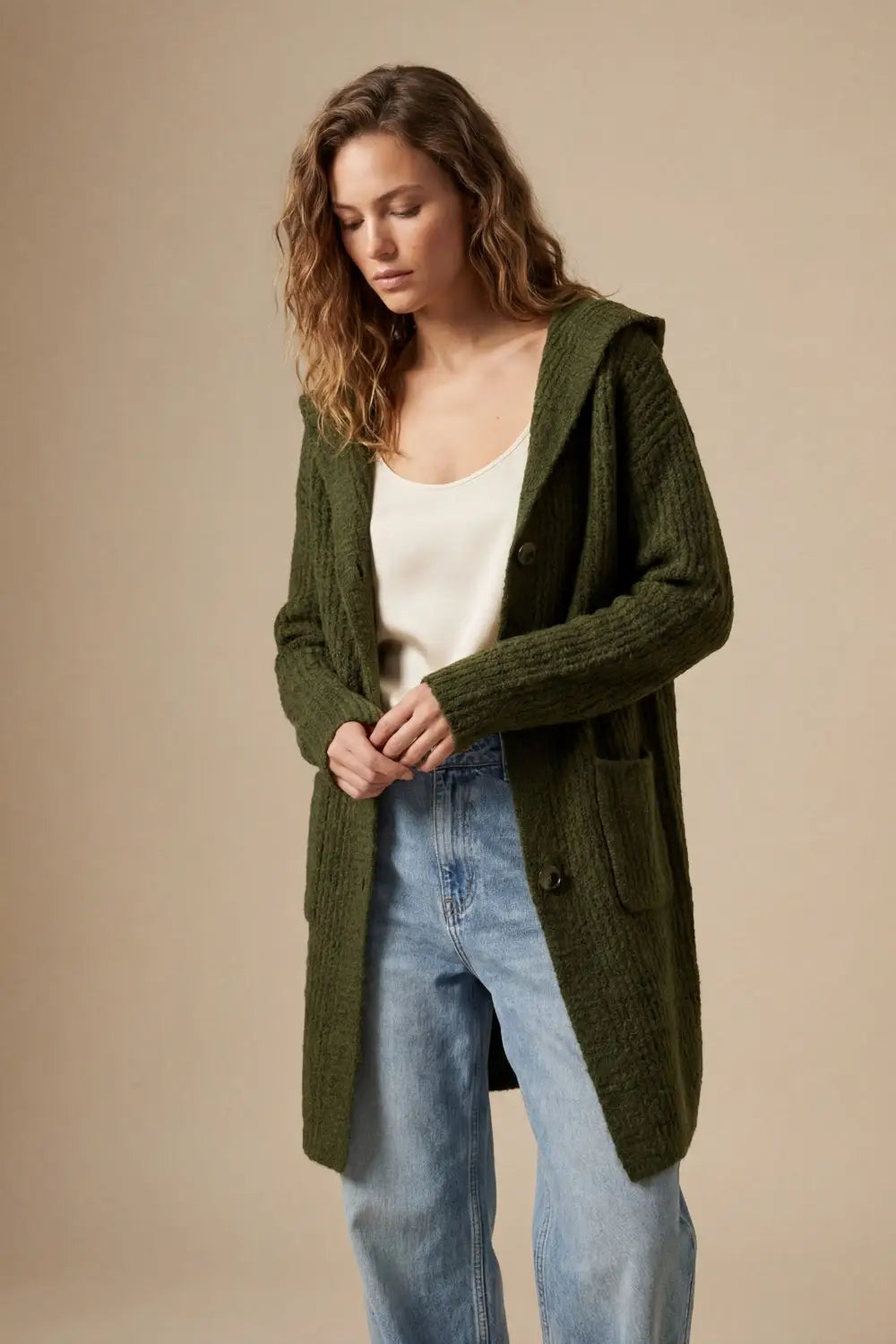 Q2 Long Ribbed Cardigan With Pockets and Hood in Khaki