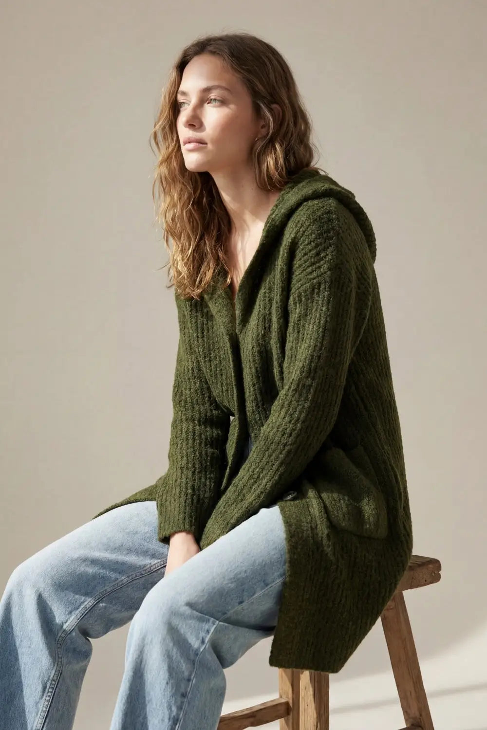 Long Ribbed Cardigan With Pockets and Hood in Khaki - One Size / Green - Sweaters