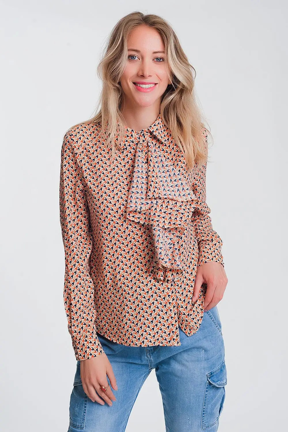 Long sleeve blouse with ruffle detail in beige - Shirts