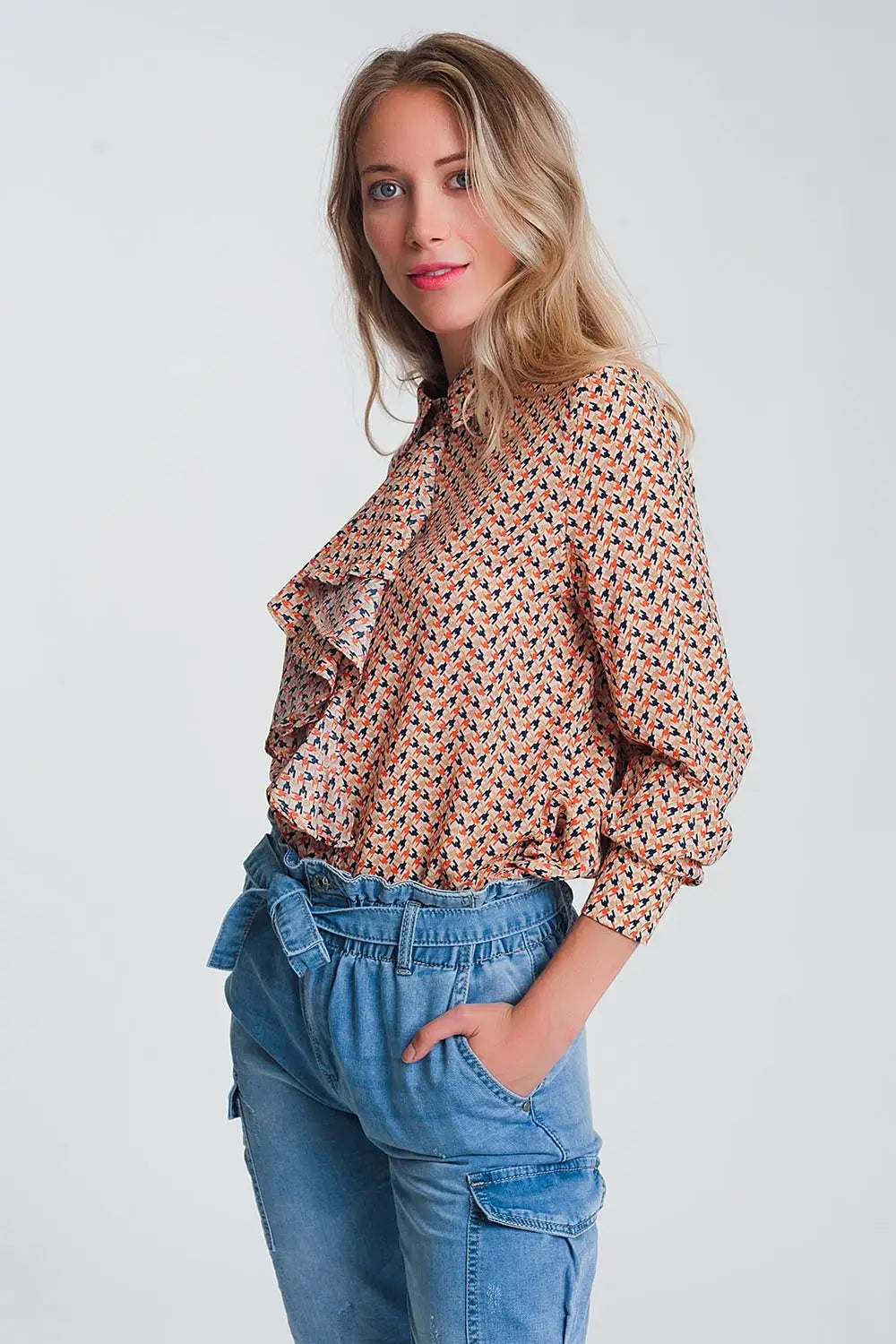 Long sleeve blouse with ruffle detail in beige - Shirts