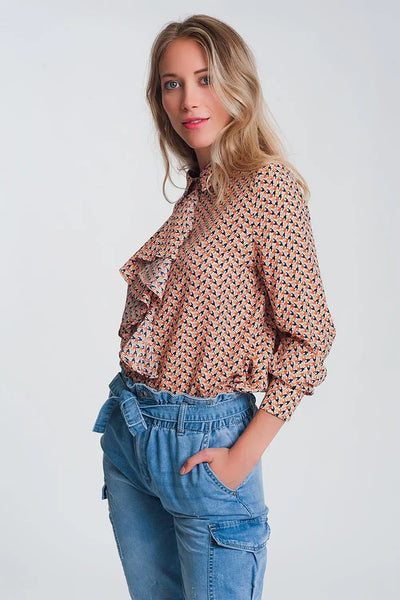 Long sleeve blouse with ruffle detail in beige - Shirts