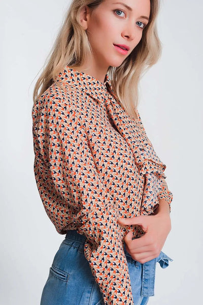 Long sleeve blouse with ruffle detail in beige - Shirts