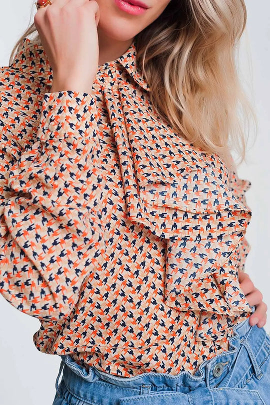 Long sleeve blouse with ruffle detail in beige - Shirts