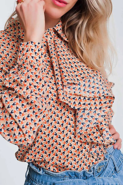 Long sleeve blouse with ruffle detail in beige - Shirts