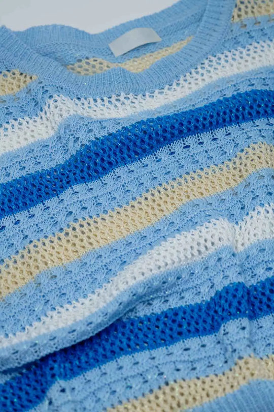 Long Sleeve Blue Multicolored Sweater With Boat Neck - One Size / Blue - Sweaters