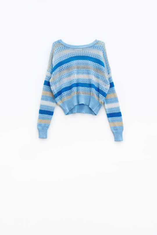 Long Sleeve Blue Multicolored Sweater With Boat Neck - One Size / Blue - Sweaters