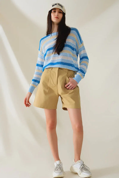 Long Sleeve Blue Multicolored Sweater With Boat Neck - One Size / Blue - Sweaters