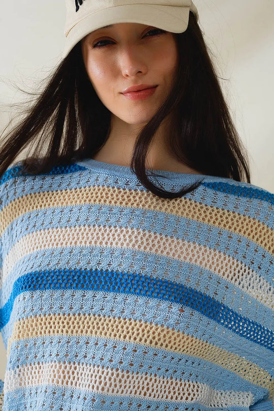 Long Sleeve Blue Multicolored Sweater With Boat Neck - One Size / Blue - Sweaters