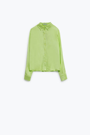 Q2 Long Sleeve Button Up satin Blouse With Polo Collar In The Color Lime