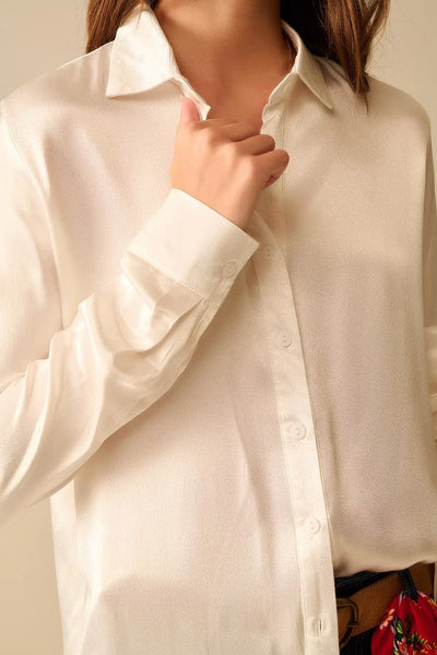 Long Sleeve Button Up satin Blouse With Polo Collar In white color - Shirts