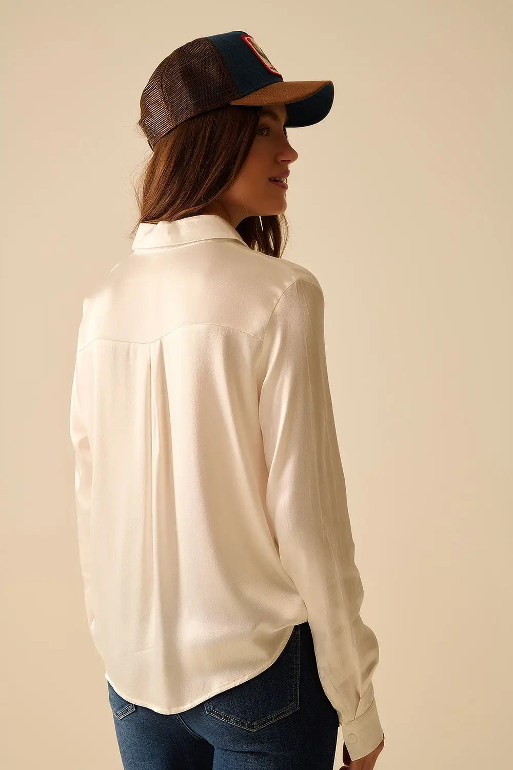 Long Sleeve Button Up satin Blouse With Polo Collar In white color - Shirts