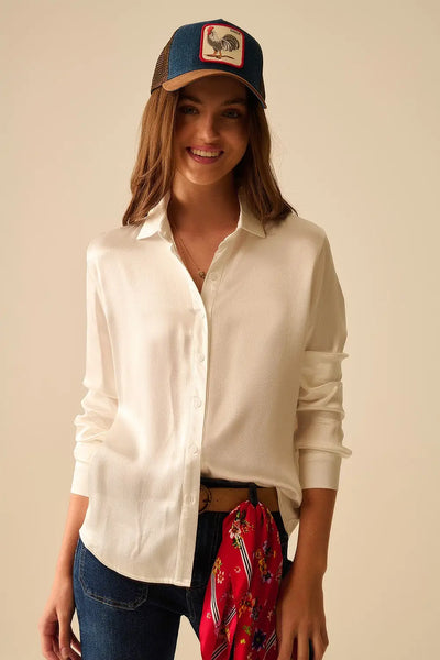 Q2 Long Sleeve Button Up satin Blouse With Polo Collar In white color