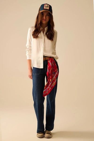 Long Sleeve Button Up satin Blouse With Polo Collar In white color - Shirts