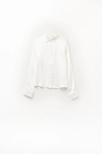 Long Sleeve Button Up satin Blouse With Polo Collar In white color - Shirts