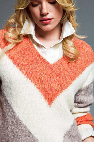 Long Sleeve Eighties Printed V-Neck Sweater in Orange - One Size / Orange - Sweaters
