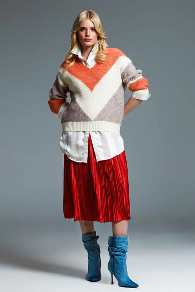 Long Sleeve Eighties Printed V-Neck Sweater in Orange - One Size / Orange - Sweaters