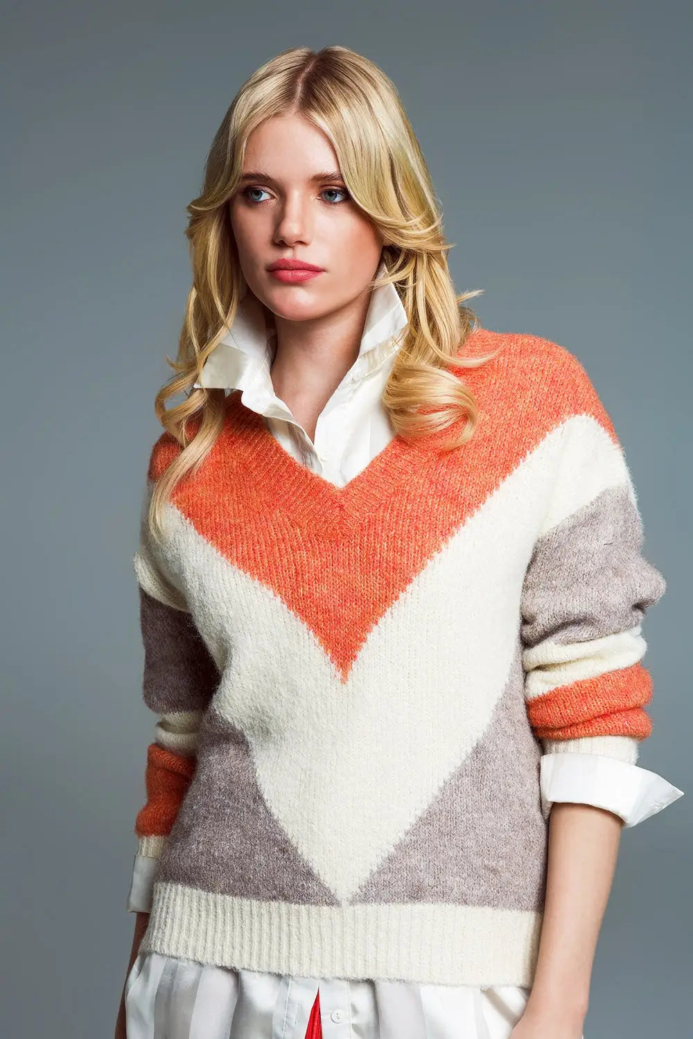 Long Sleeve Eighties Printed V-Neck Sweater in Orange - One Size / Orange - Sweaters