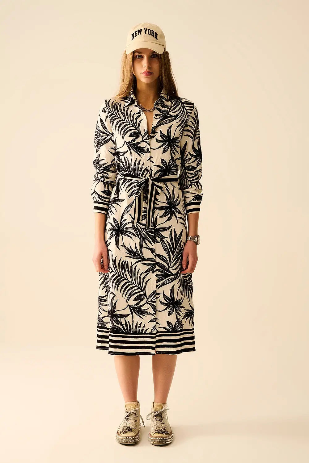 Long Sleeve Midi Dress In Tropical Motif in Black and White - Dresses