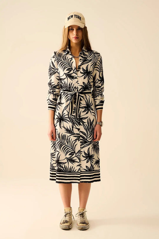 Long Sleeve Midi Dress In Tropical Motif in Black and White - Dresses