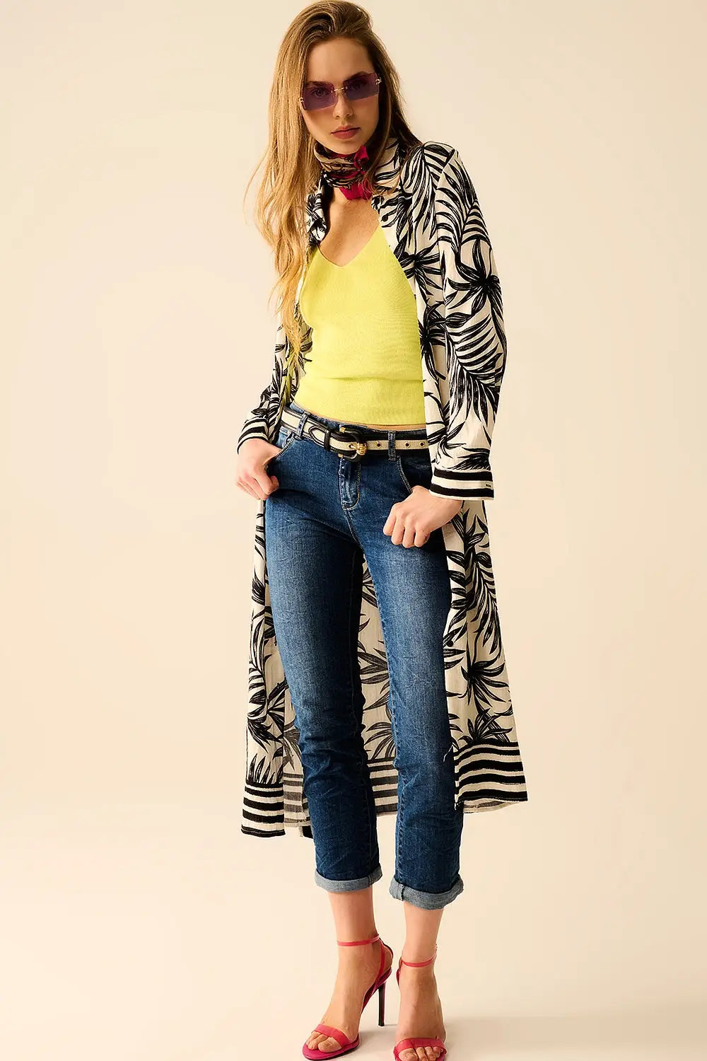 Long Sleeve Midi Dress In Tropical Motif in Black and White - Dresses