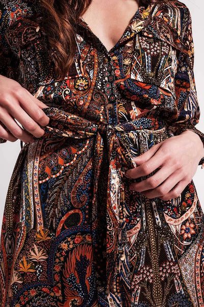 Long Sleeve paisley mini Dress in black - Dresses