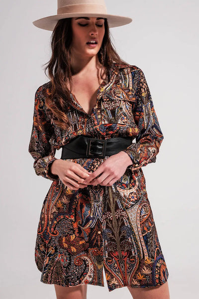 Long Sleeve paisley mini Dress in black - Dresses
