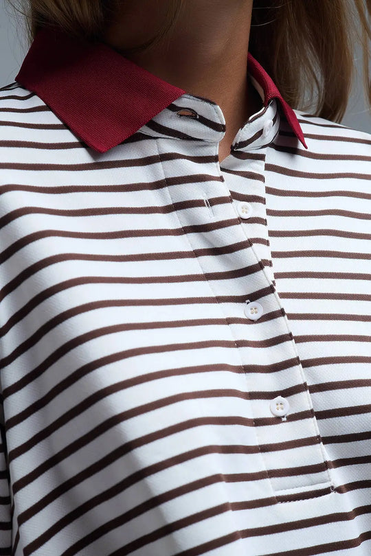 Long Sleeve Relaxed Striped Polo Sweater in White and Brown - Sweaters