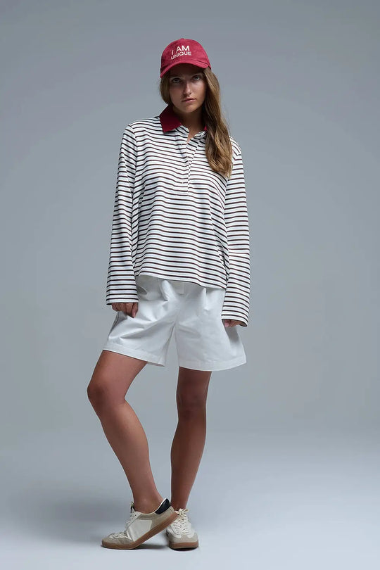 Long Sleeve Relaxed Striped Polo Sweater in White and Brown - Sweaters