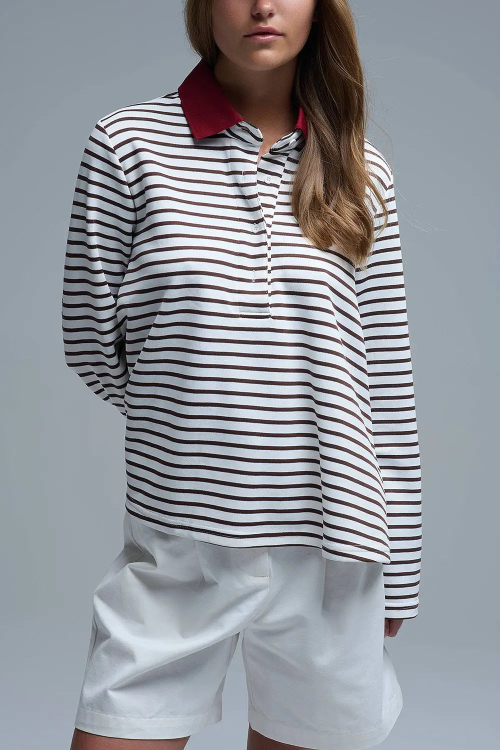 Long Sleeve Relaxed Striped Polo Sweater in White and Brown - Sweaters