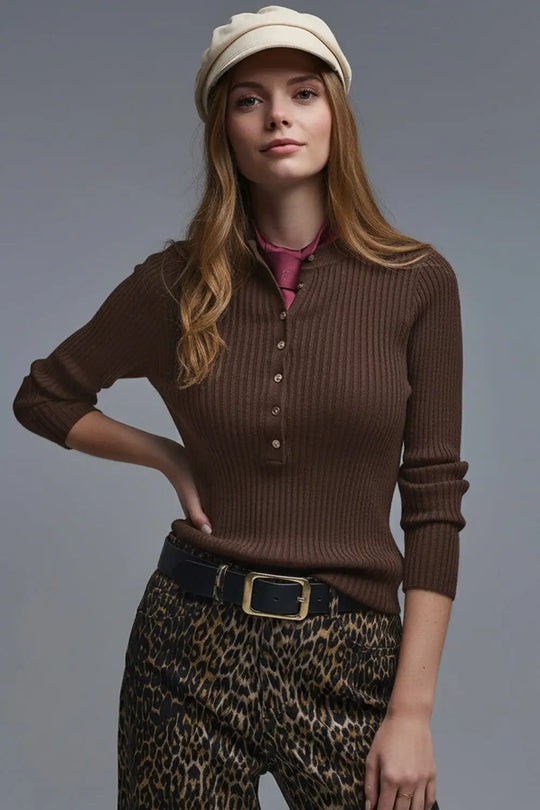 Q2 Long Sleeve Ribbed Sweater in Brown with buttons