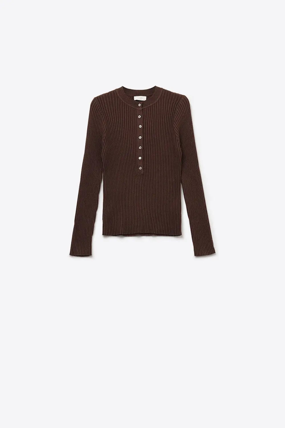 Long Sleeve Ribbed Sweater in Brown with buttons - Sweaters