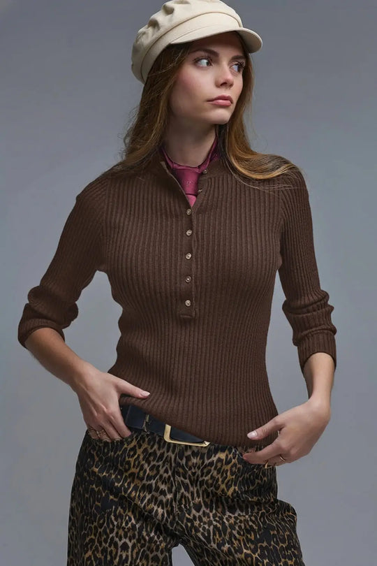 Long Sleeve Ribbed Sweater in Brown with buttons - Sweaters