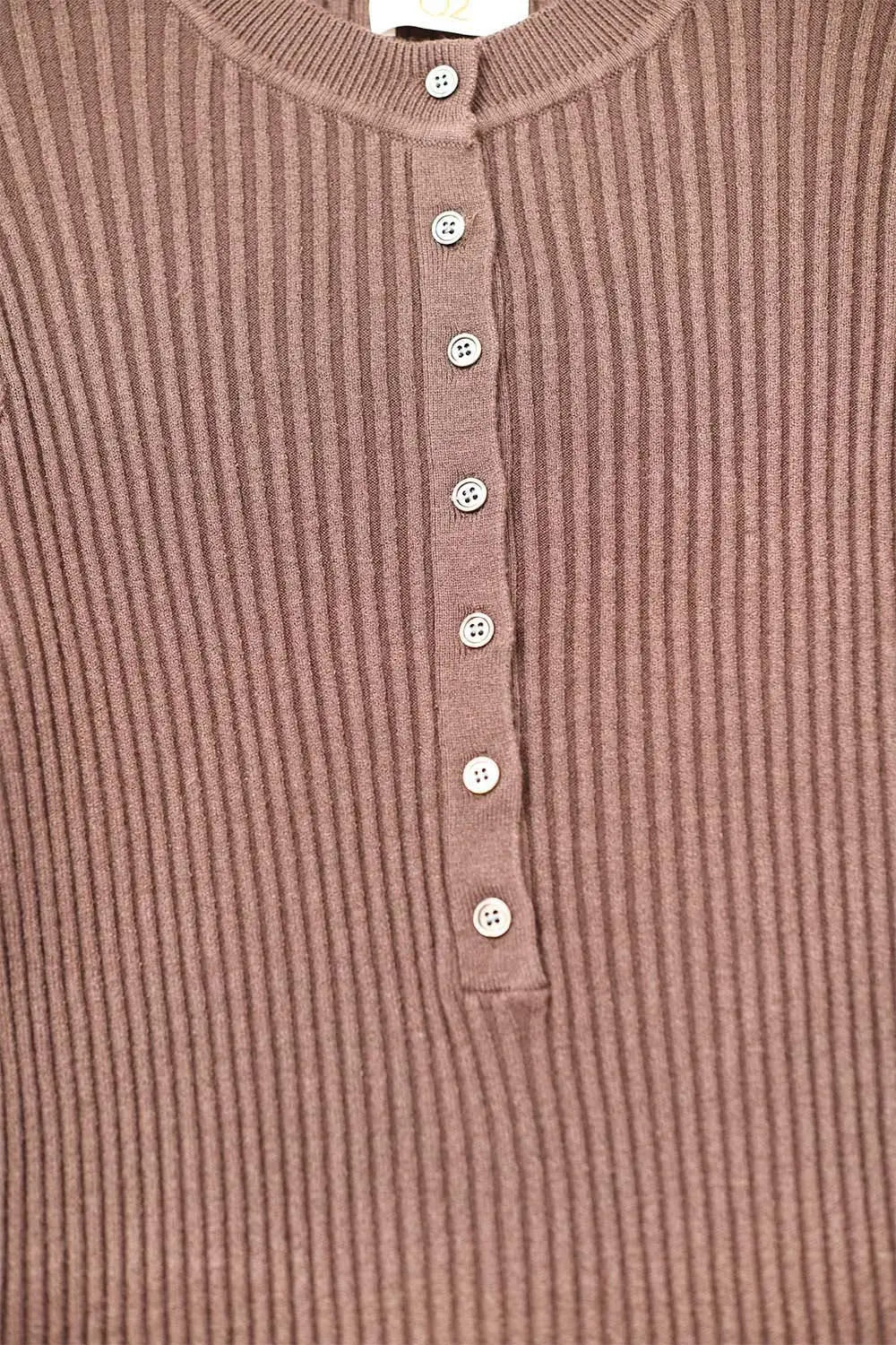 Long Sleeve Ribbed Sweater in Brown with buttons - Sweaters