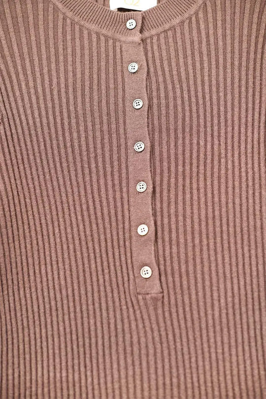 Long Sleeve Ribbed Sweater in Brown with buttons - Sweaters