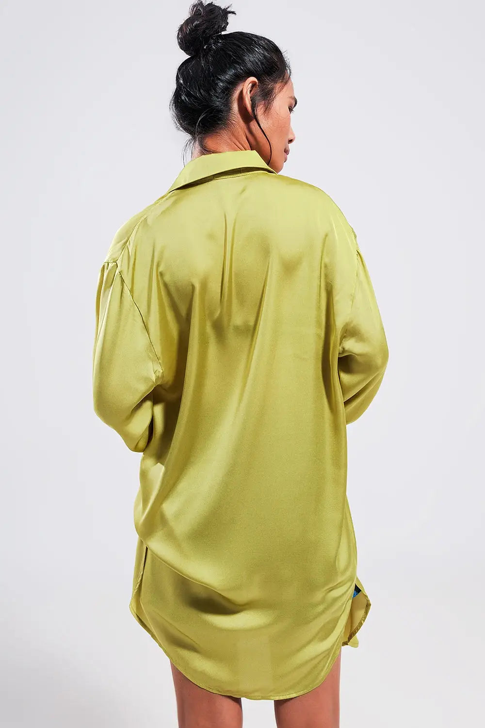 Long sleeve satin button front shirt in green - Shirts