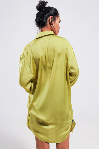 Long sleeve satin button front shirt in green