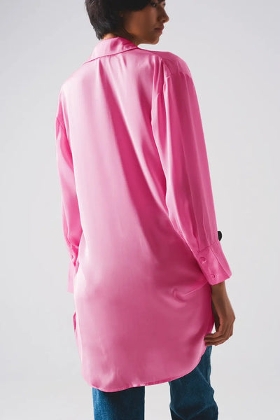 Long sleeve satin button front shirt in pink - Shirts