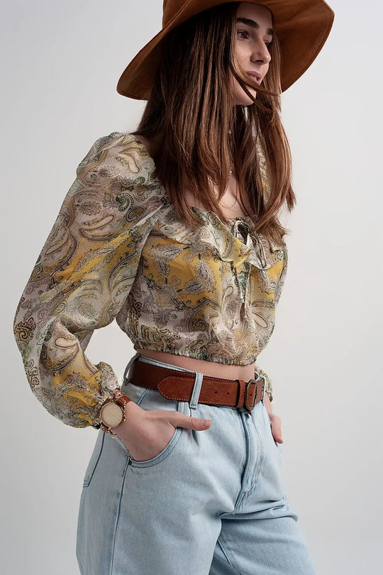 Long sleeve sheer top with shirred waist and tie detail in cachemir - Shirts