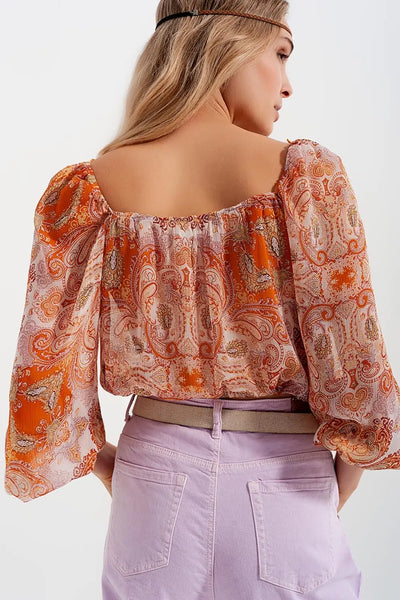 Long sleeve sheer top with shirred waist and tie detail in orange - Shirts