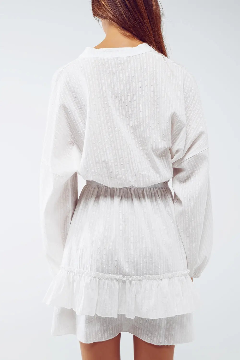 Long Sleeve Skater Textured Short Dress in White - Dresses