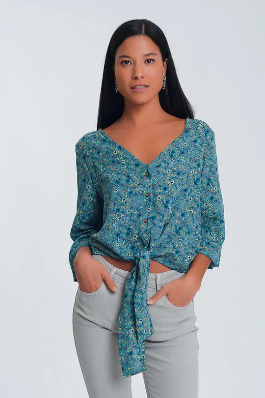 Long sleeve v neck blouse with button detail in green floral print - Shirts