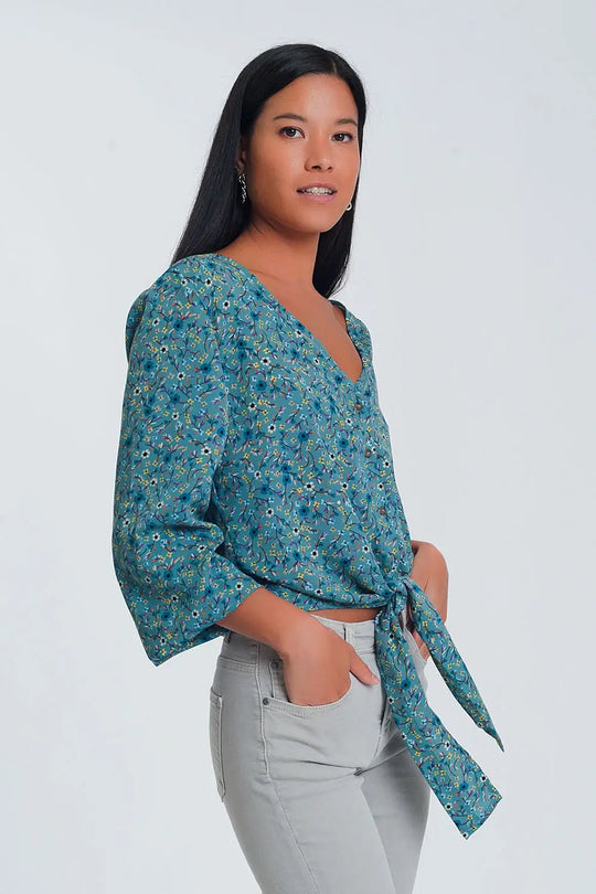 Long sleeve v neck blouse with button detail in green floral print - Shirts