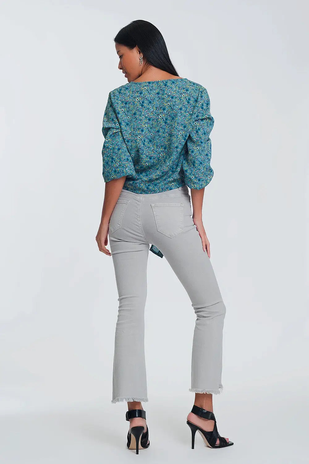 Long sleeve v neck blouse with button detail in green floral print - Shirts