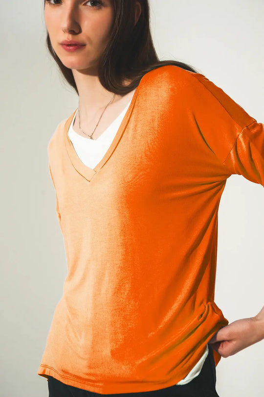 Long sleeve v neck top in modal in Orange - Tops