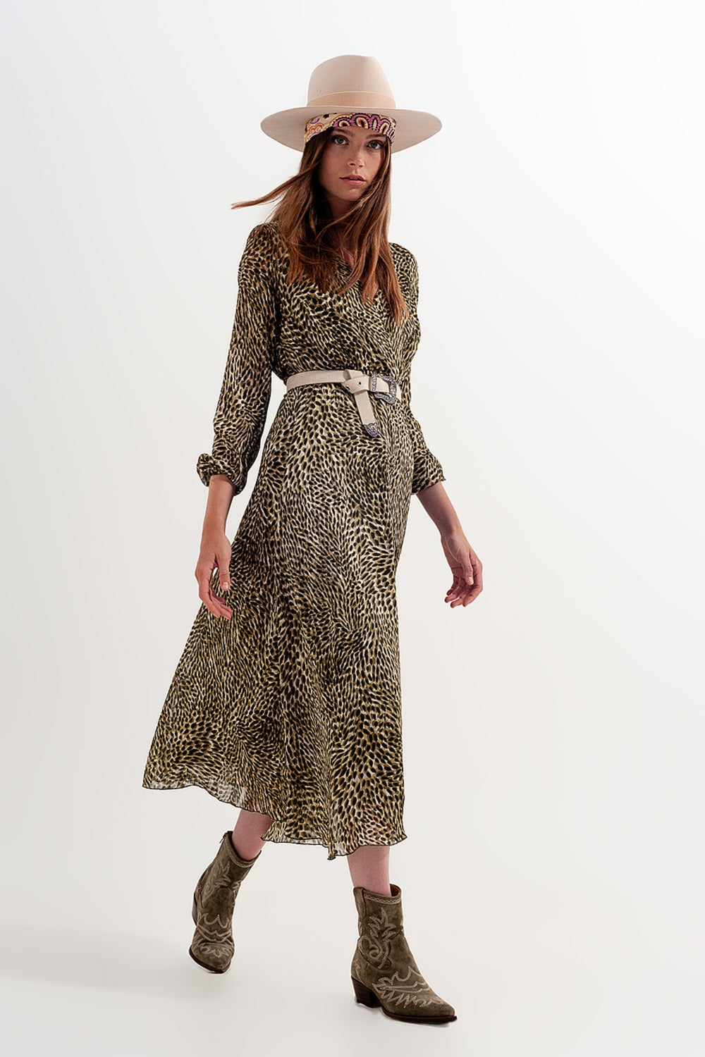 Long sleeve wrap front chiffon dress with belt in shiny print