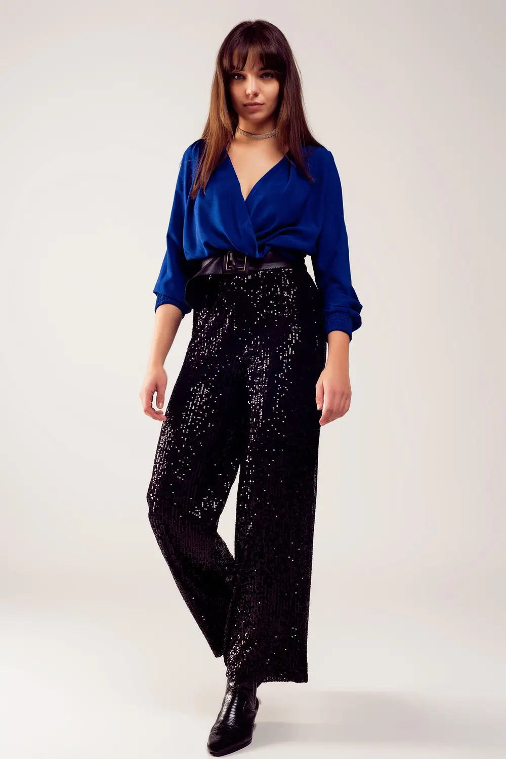 Long sleeved wrap satin blouse in blue - Shirts