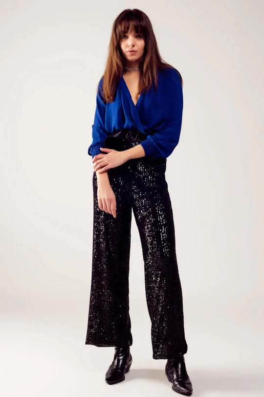 Long sleeved wrap satin blouse in blue - Shirts